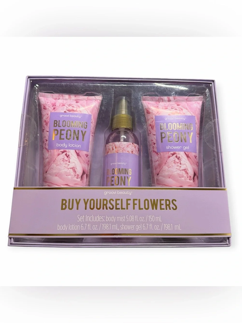 Groovi Beauty Blooming Peony 3-Pc Body Mist Lotion Shower Gel Gift Set NIB